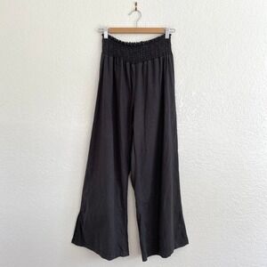 Heroes & Dreamers Linen Blend Wide Leg Pants Smocked Waist Ankle Slit Gray Large